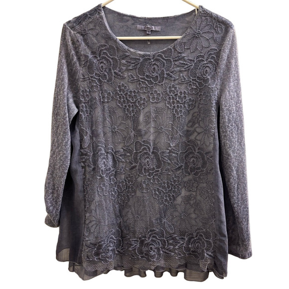 Tops - Lisa D. Paris Steely Blue Lace Women’s Top semi sheer roll up sleeves